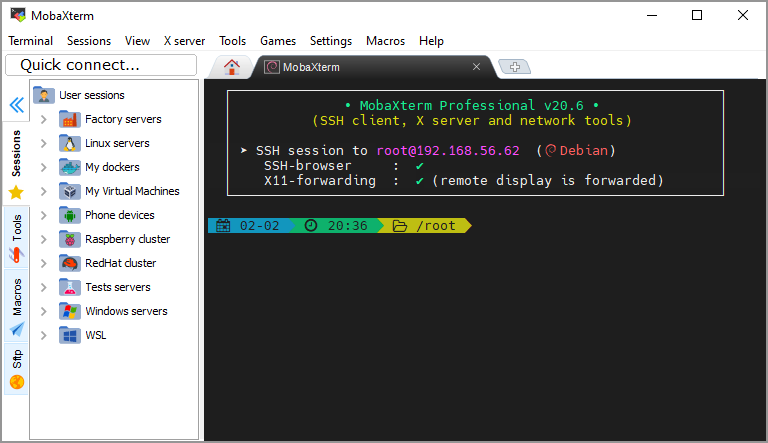 MobaXterm 通过 SSH 登录 Linux 服务器后的终端主界面